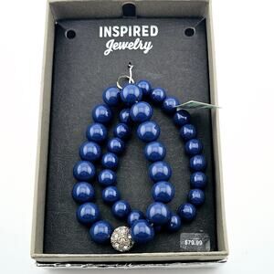Double Strand Navy Blue Bead Stretch Bracelet Chunky Nautical Preppy Casual NWT